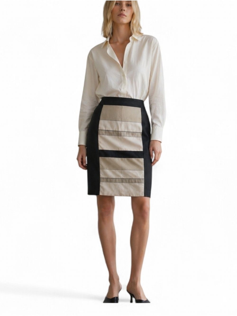 Lafayette 148 Black & Beige Colorblock Linen Cotton Pencil Skirt Size 8